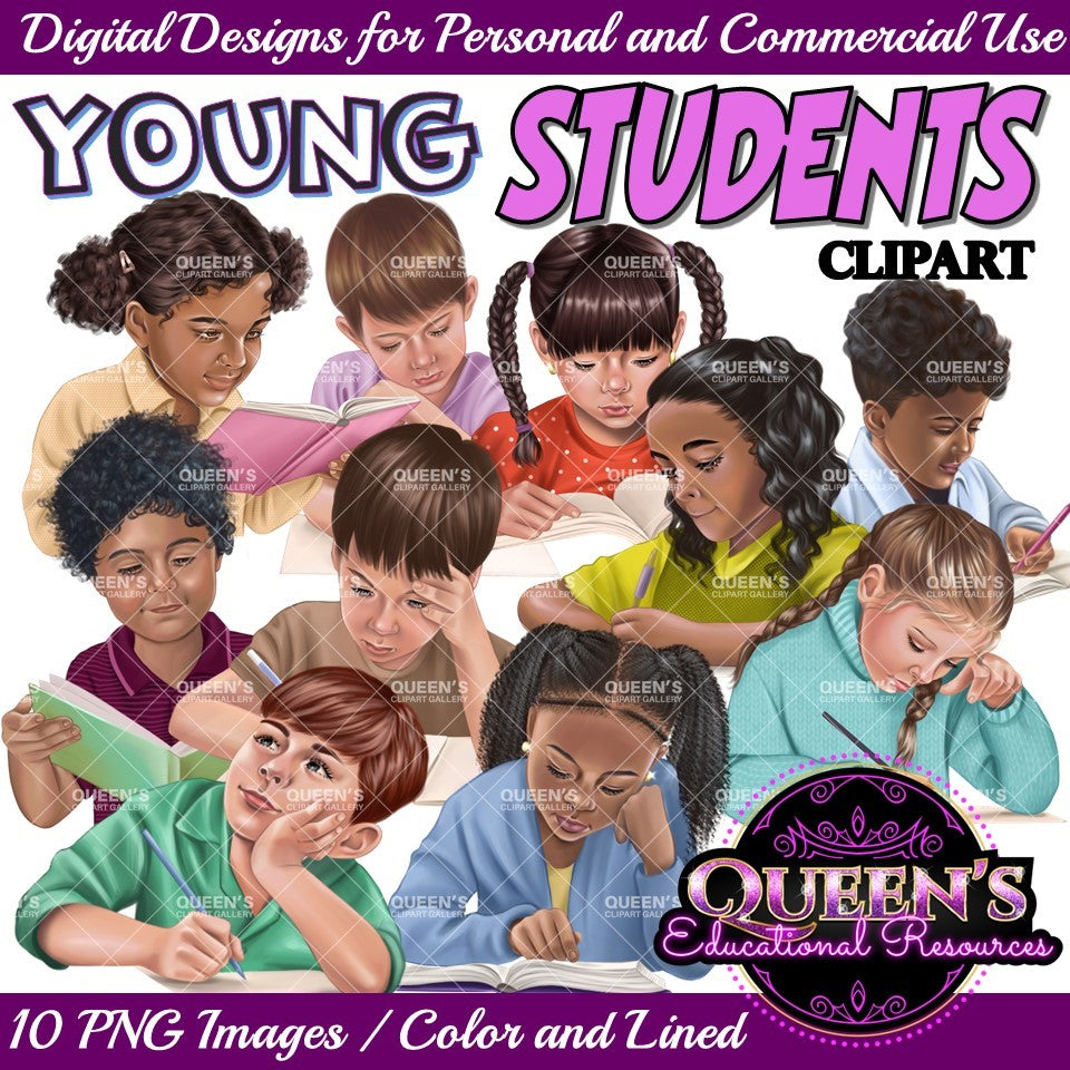 Young students reading and writing, Elementary students, Primary grades students, Kids, Kiddos, Student clipart, Children clipart, Young kids clipart, Back to School, young girl clipart, young boy clipart, Students reading