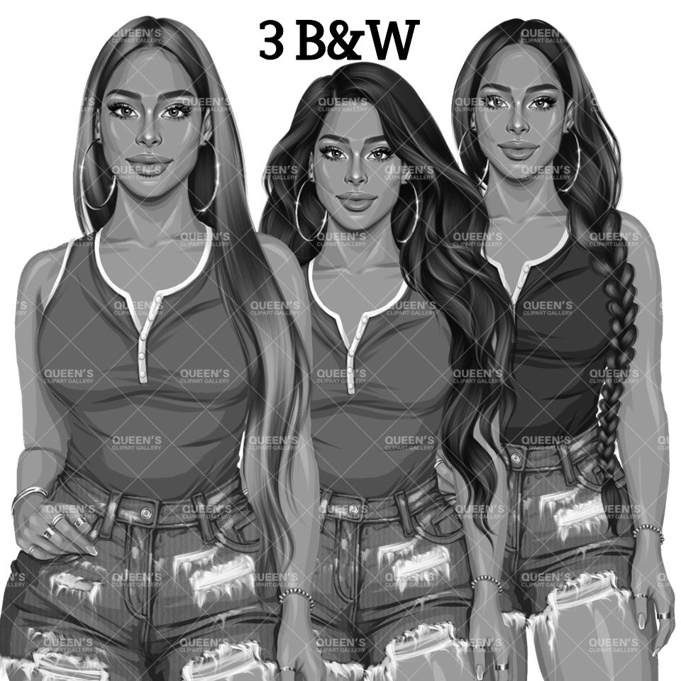 Summer girl clipart, Curvy denim girl, Jeans girl clipart, Girl in shorts, Afro girl clipart, Fashion girl clipart, Girl boss, Fashion woman