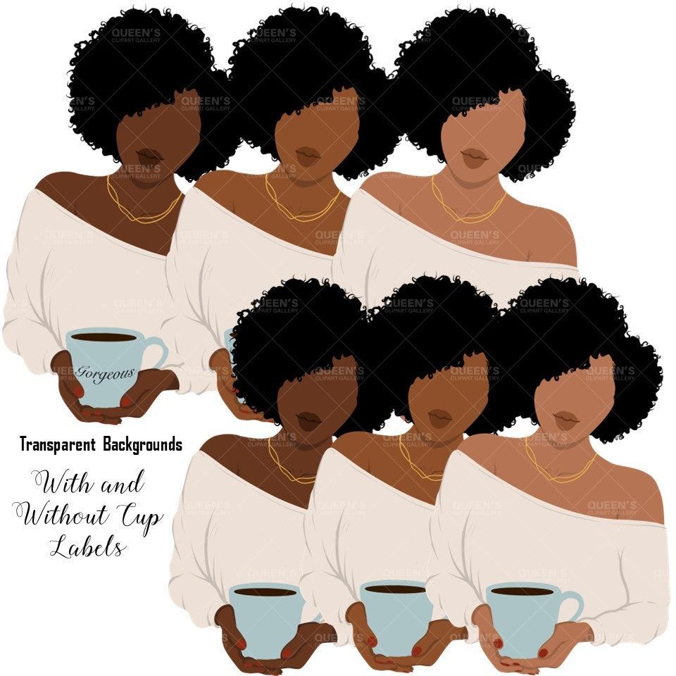 Flat Clipart Bundle, Afro woman drinks coffee, Afro girl clipart, Black woman, Black girl magic, Fashion girl clipart, Relax at home, Coffee girl