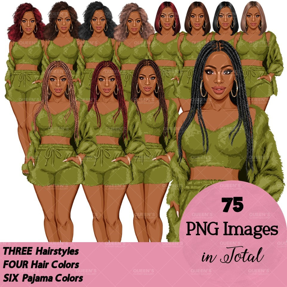 Pajama girl clipart, Afro Woman in Sleepwear, Pajama Illustration, Cozy clipart, Bedtime clipart, Pajama Fashion, Pajama Party, Fashion girl