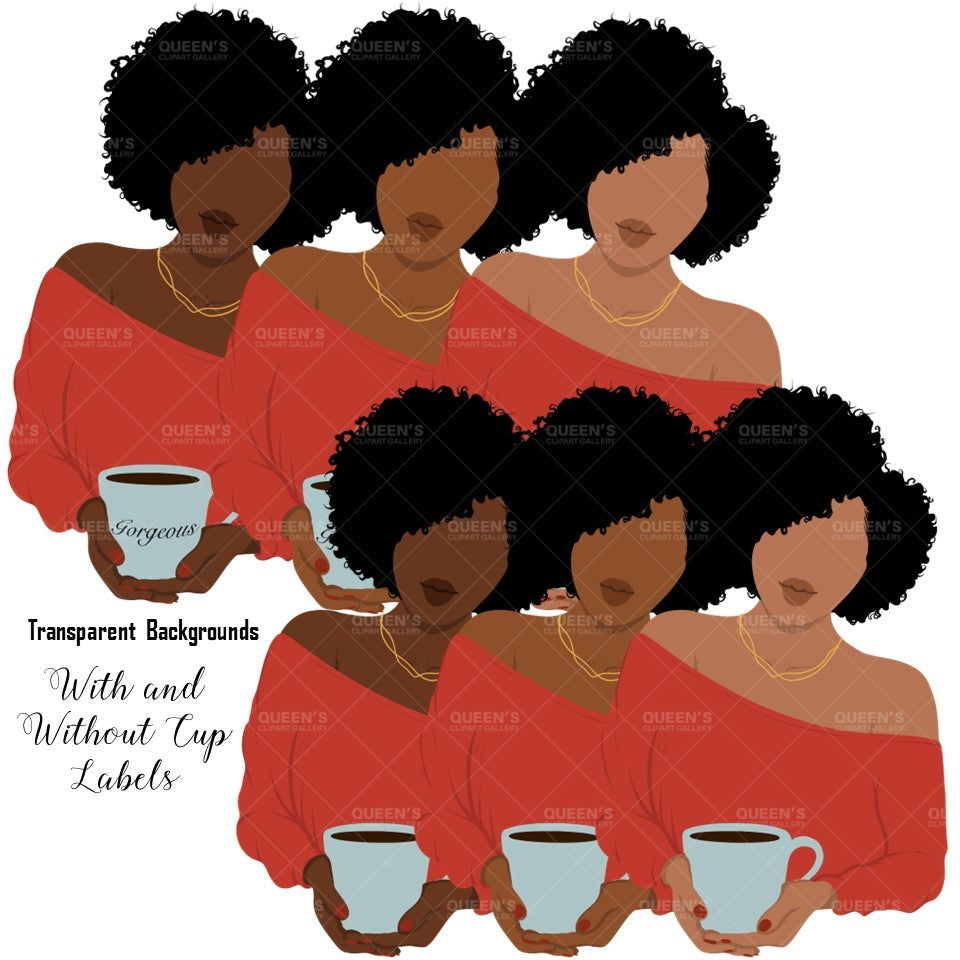 Flat Clipart Bundle, Afro woman drinks coffee, Afro girl clipart, Black woman, Black girl magic, Fashion girl clipart, Relax at home, Coffee girl
