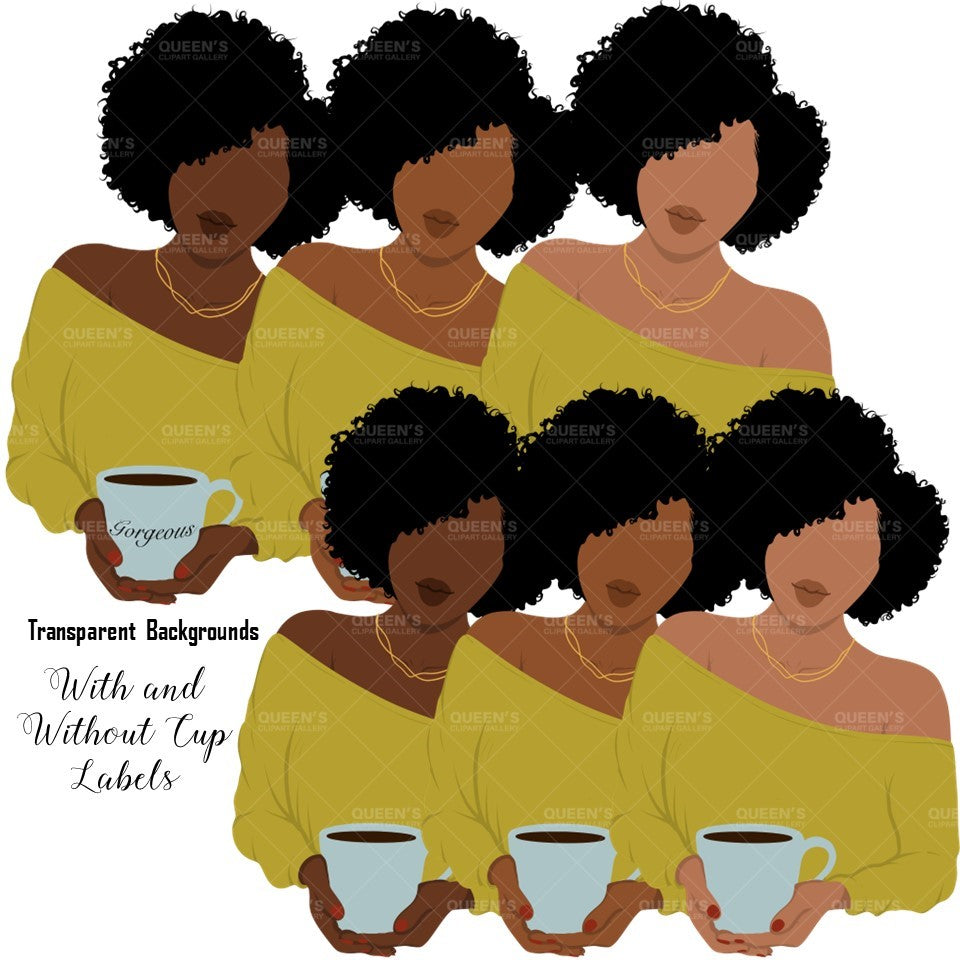 Flat Clipart Bundle, Afro woman drinks coffee, Afro girl clipart, Black woman, Black girl magic, Fashion girl clipart, Relax at home, Coffee girl