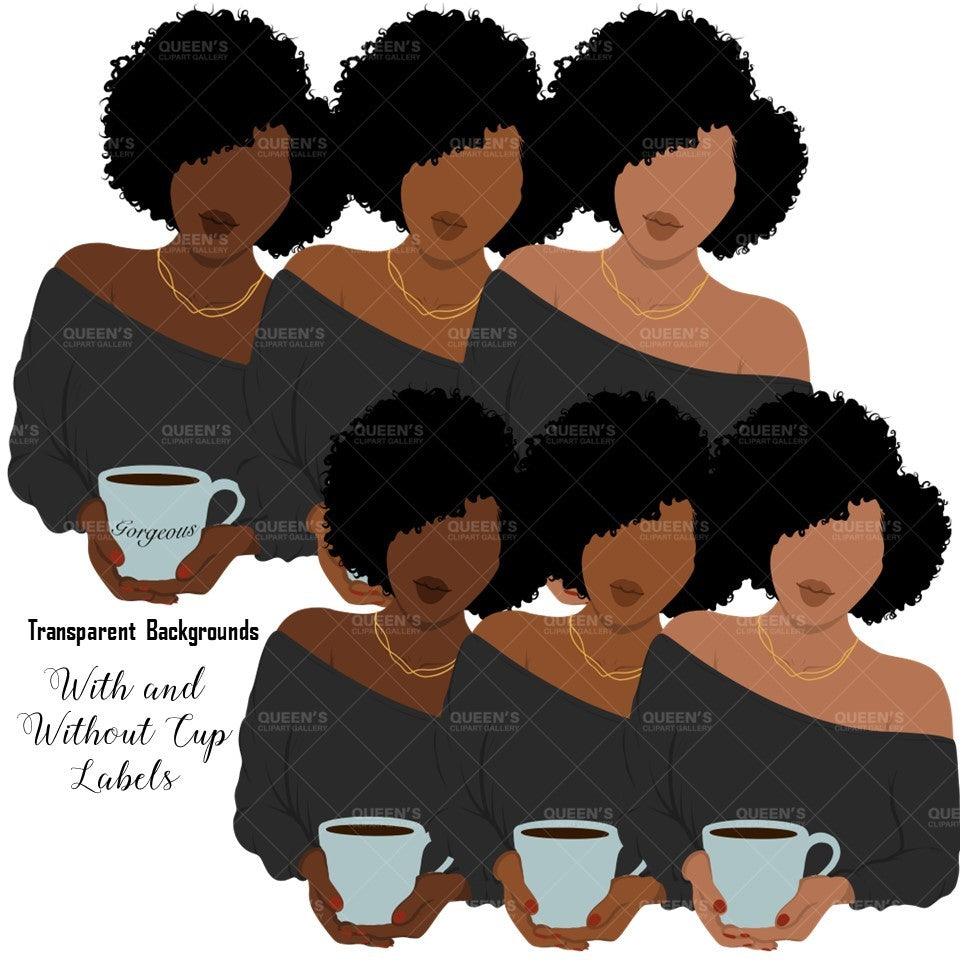 Flat Clipart Bundle, Afro woman drinks coffee, Afro girl clipart, Black woman, Black girl magic, Fashion girl clipart, Relax at home, Coffee girl