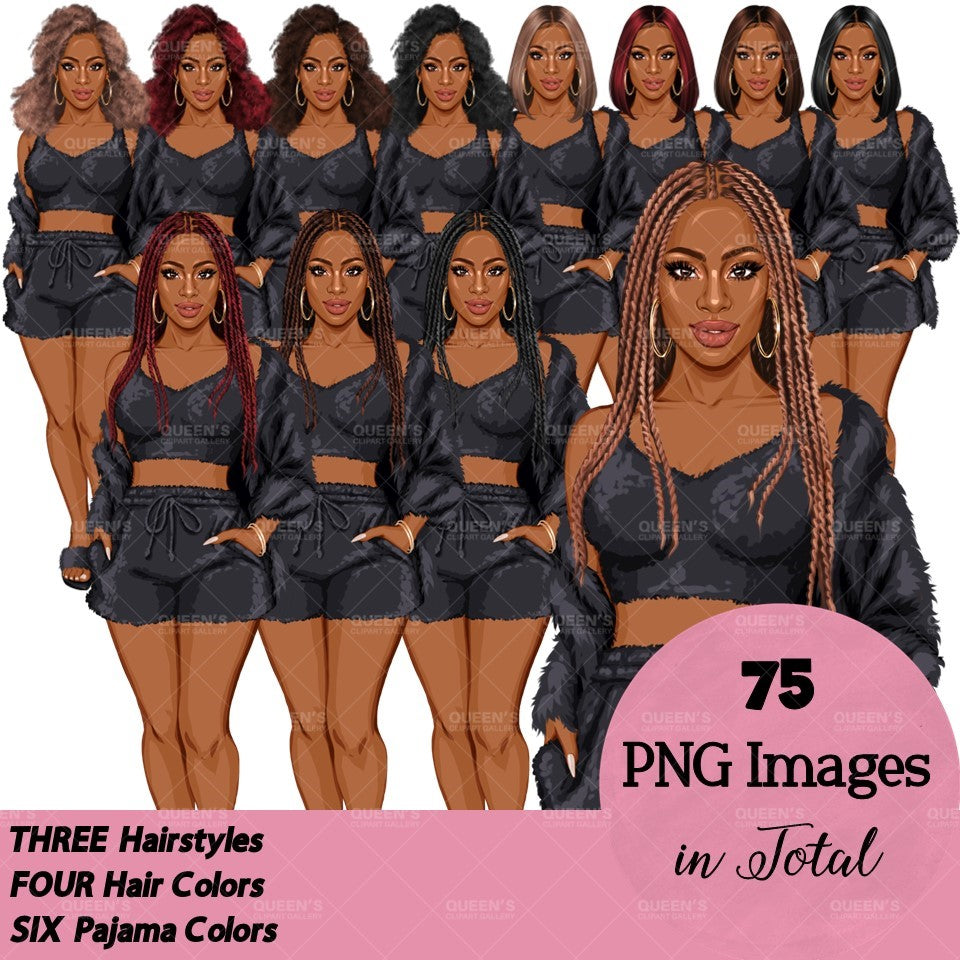 Pajama girl clipart, Afro Woman in Sleepwear, Pajama Illustration, Cozy clipart, Bedtime clipart, Pajama Fashion, Pajama Party, Fashion girl