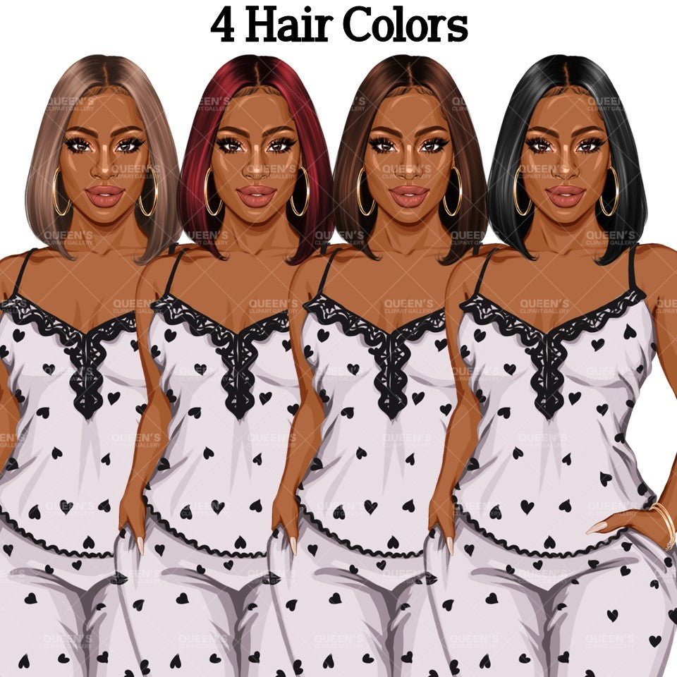 Pajama girl clipart, Afro Woman in Sleepwear, Pajama Illustration, Cozy clipart, Bedtime clipart, Pajama Fashion, Pajama Party, Fashion girl