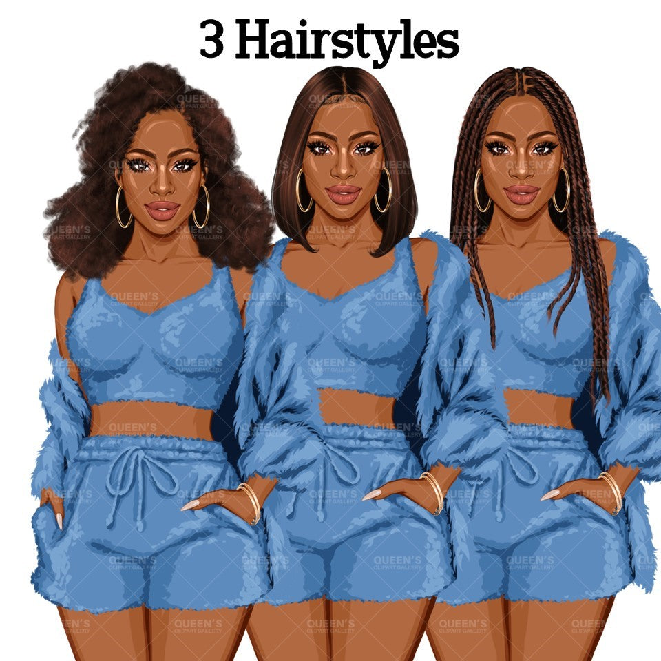 Pajama girl clipart, Afro Woman in Sleepwear, Pajama Illustration, Cozy clipart, Bedtime clipart, Pajama Fashion, Pajama Party, Fashion girl