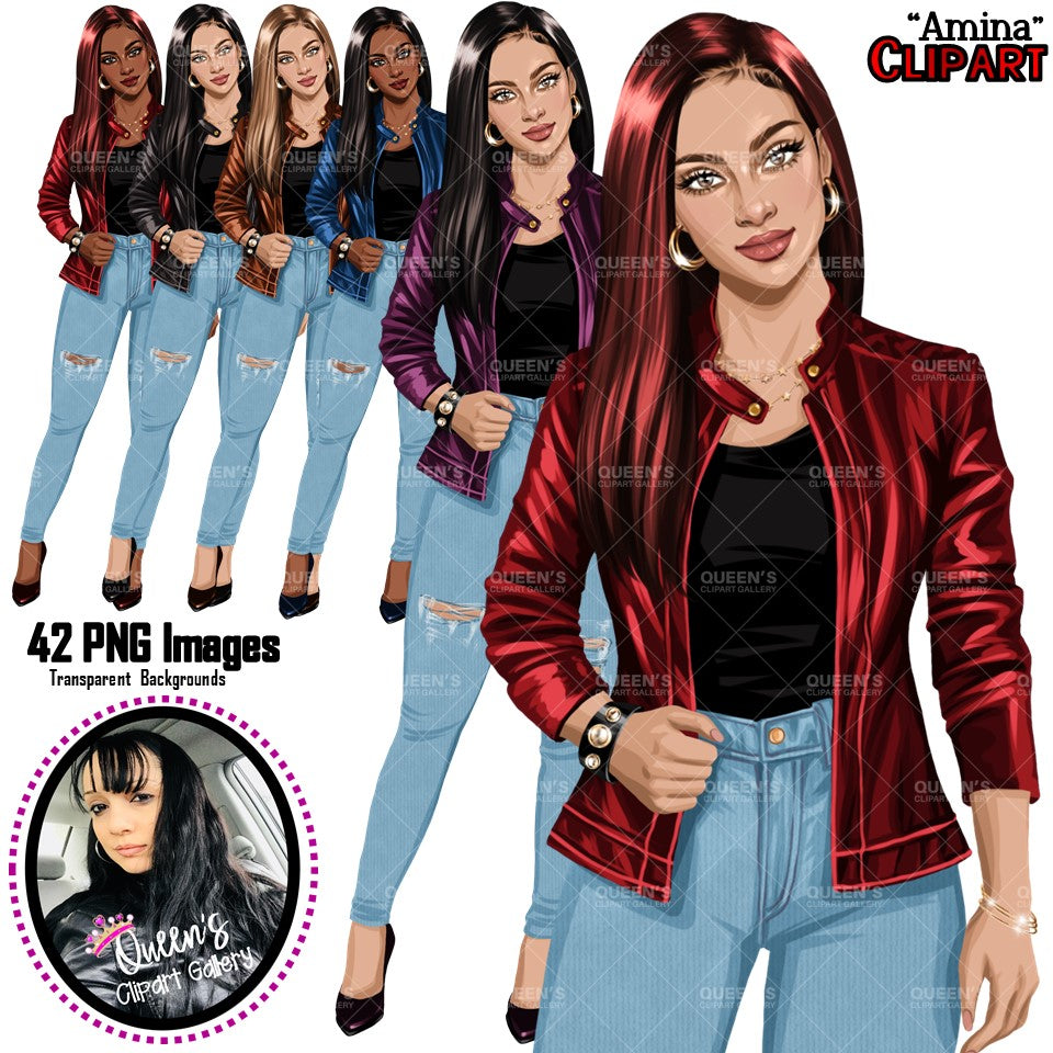 Curvy Denim Girl, Jeans Girl Clipart, Curvy girl, Woman clipart, Fashion girl clipart, Girl boss clipart, Fashion woman, Leather Jacket