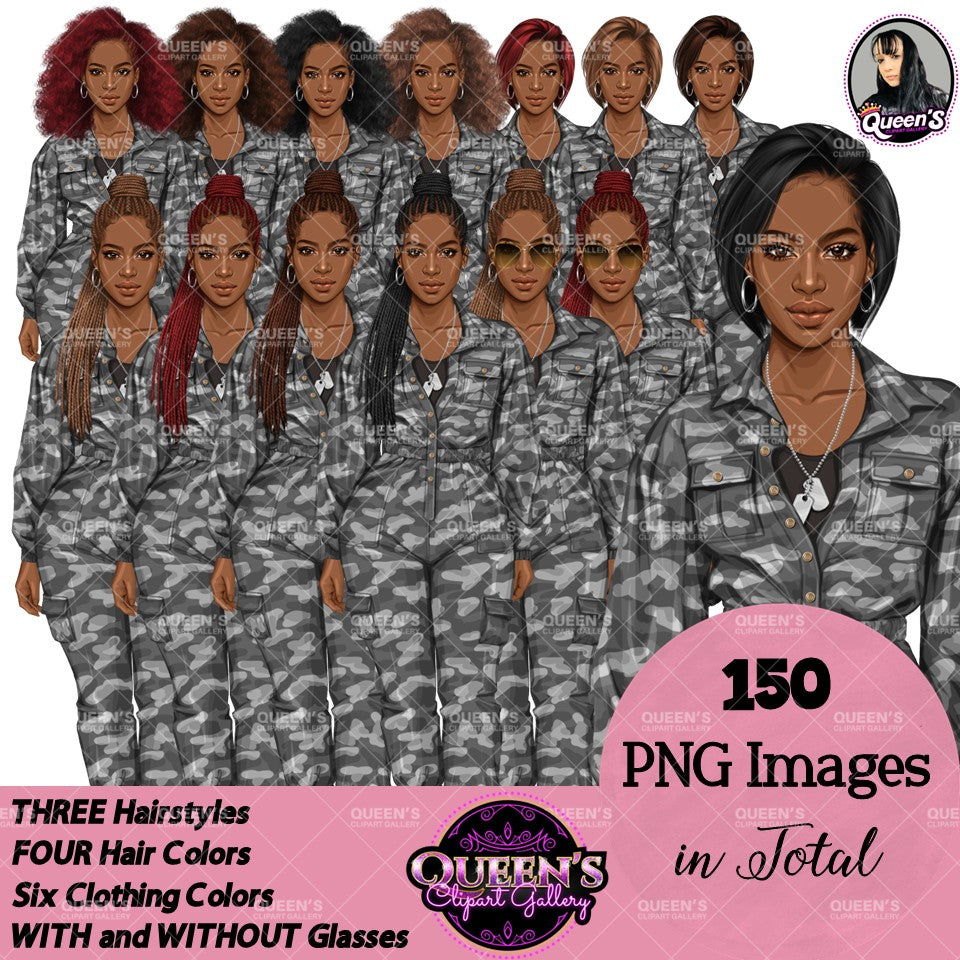 Army Clipart, Afro Military Woman Clipart, Fashion Girl Clipart, Veteran Day Clipart, Afro Female Troops, Memorial Day, Veteran, Soldier
