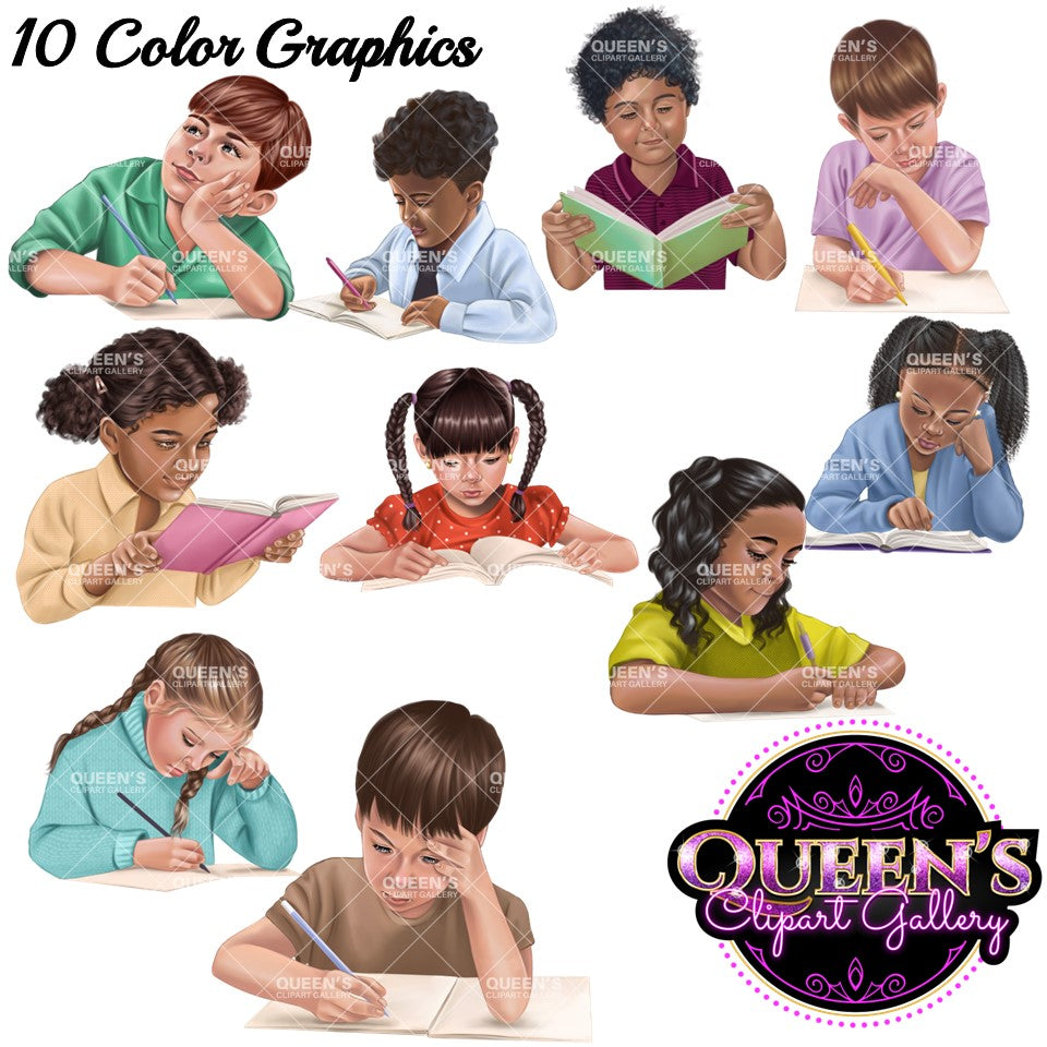 Young students reading and writing, Elementary students, Primary grades students, Kids, Kiddos, Student clipart, Children clipart, Young kids clipart, Back to School, young girl clipart, young boy clipart, Students reading