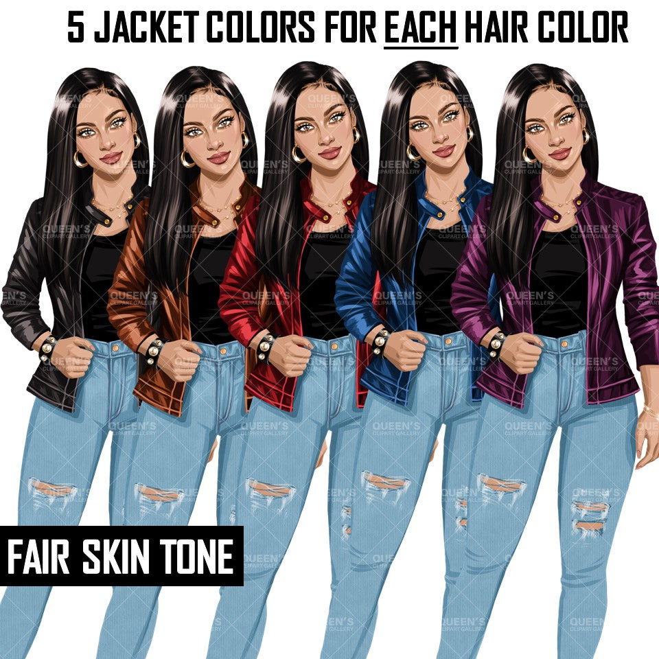Curvy Denim Girl, Jeans Girl Clipart, Curvy girl, Woman clipart, Fashion girl clipart, Girl boss clipart, Fashion woman, Leather Jacket