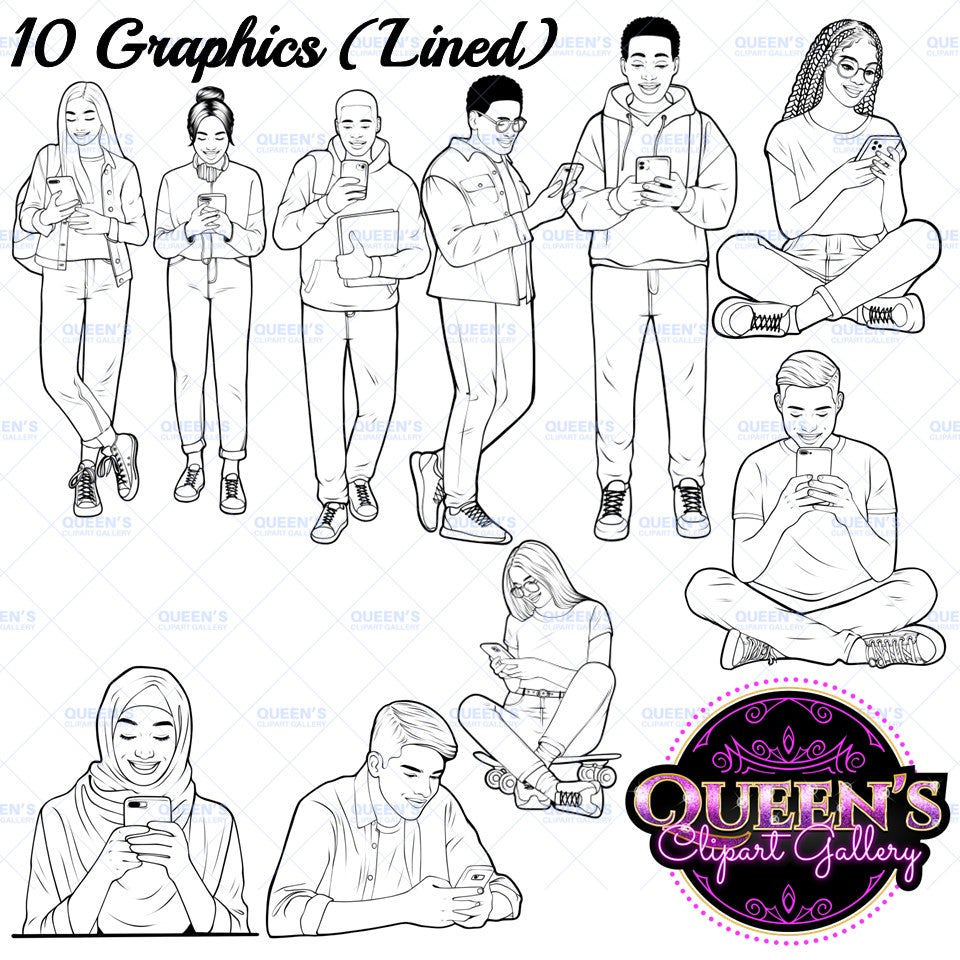 Teens on Phones Clipart, Teens Texting Clipart, Teenagers Clipart, High School Teens Clipart, Teens Using Technology Clipart, Teen Clipart