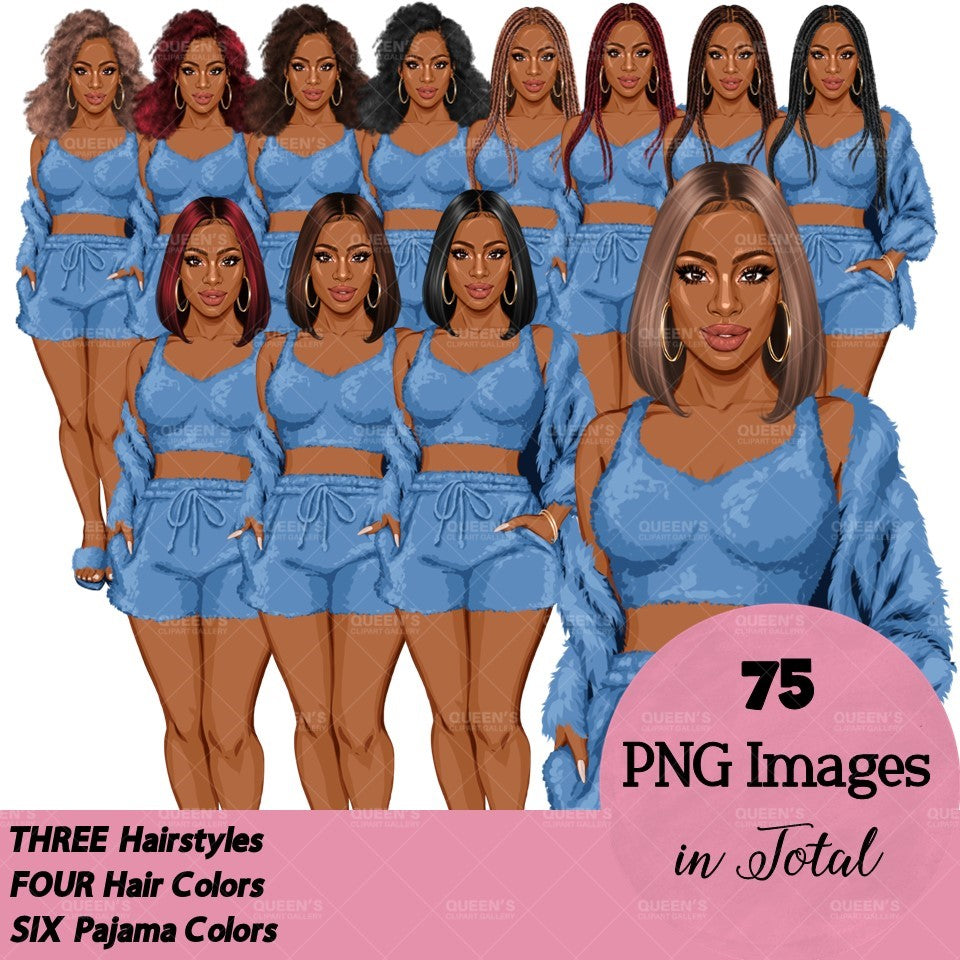 Pajama girl clipart, Afro Woman in Sleepwear, Pajama Illustration, Cozy clipart, Bedtime clipart, Pajama Fashion, Pajama Party, Fashion girl