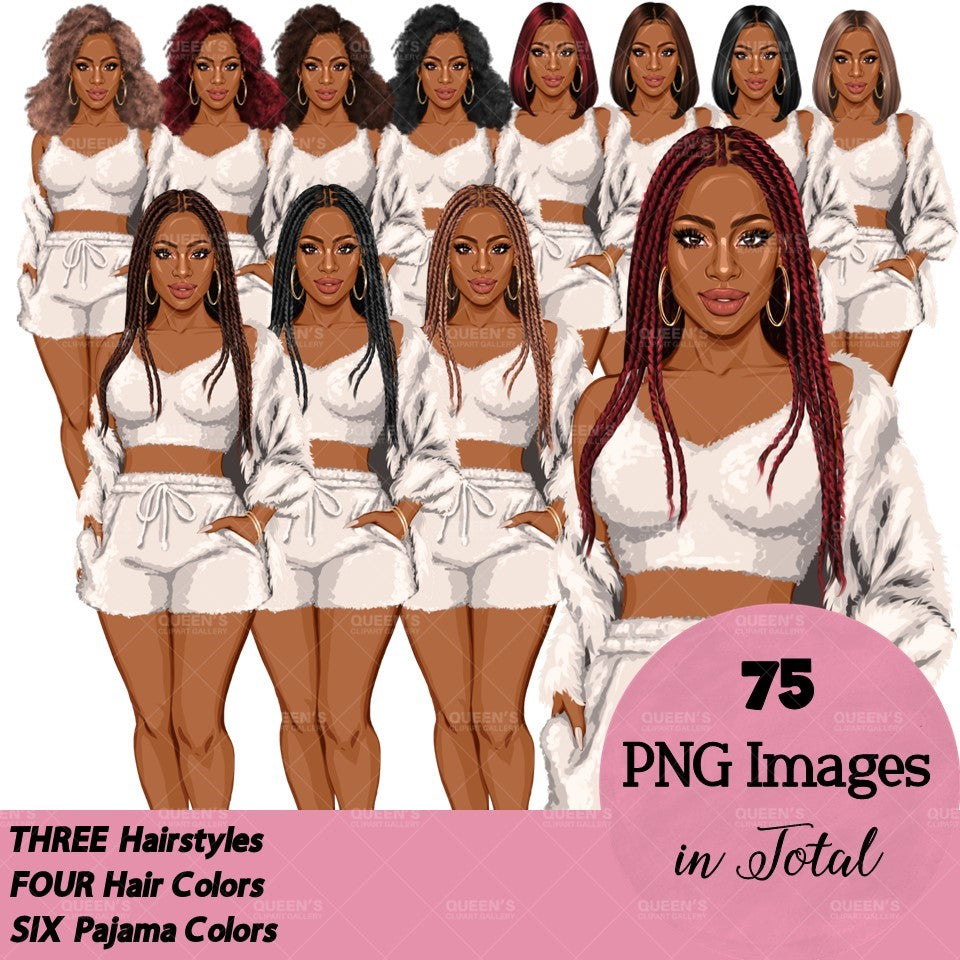 Pajama girl clipart, Afro Woman in Sleepwear, Pajama Illustration, Cozy clipart, Bedtime clipart, Pajama Fashion, Pajama Party, Fashion girl