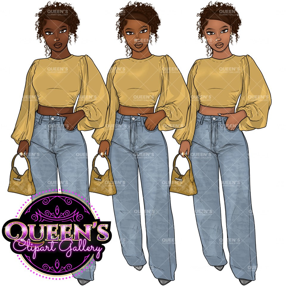 Curvy Denim Girl, Jeans Girl Clipart, Denim Jeans Clipart, Afro Woman clipart, Black girl magic Fashion girl clipart, African American woman