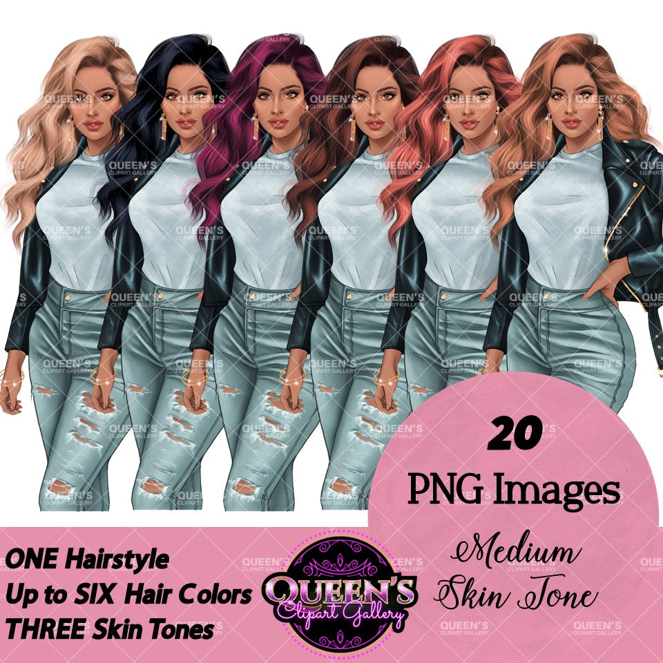 Curvy denim girl, Jeans girl clipart, Curvy girl, Fashion girl clipart, Girl boss clipart, Fashion woman, Woman in leather jacket, Curvy woman