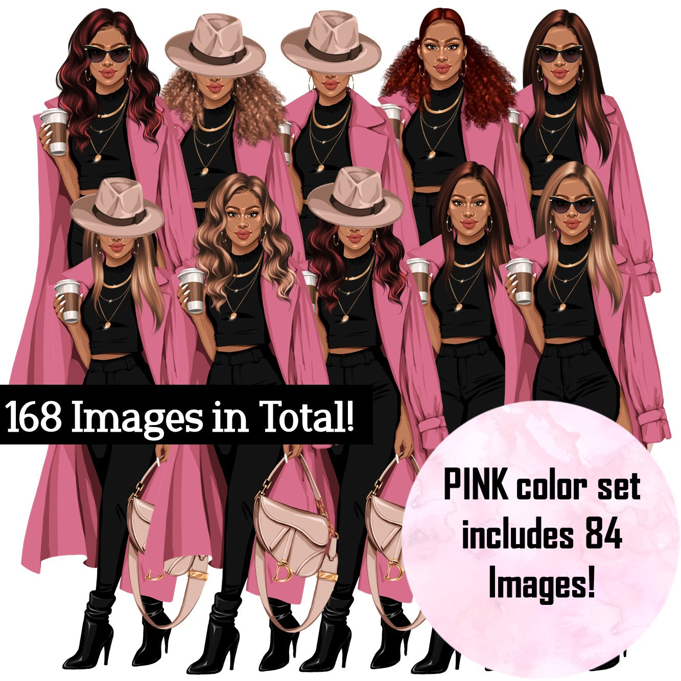 Fashion girl clipart, Black woman clipart, African American clipart, Fashion clipart, Girl boss clipart, Curvy girl, Woman in hat