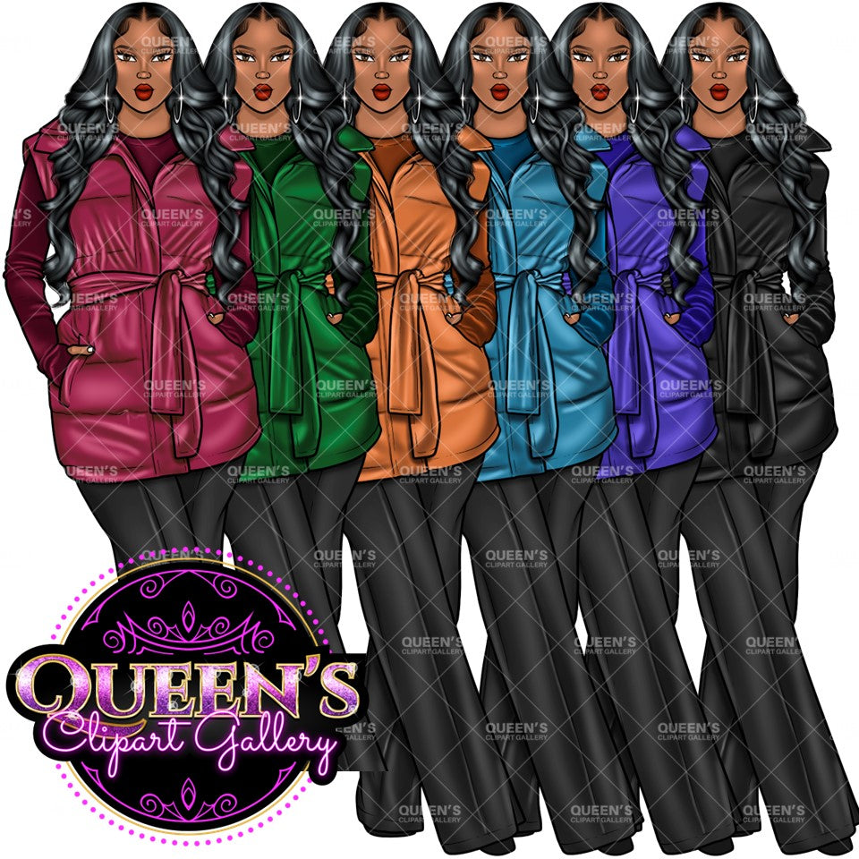 Fashion Girl Clipart, Black Girl Clipart, African American Clipart, Afro Girl Clipart, Girl Boss, Woman in Coat, Winter Clipart, Cozy wear