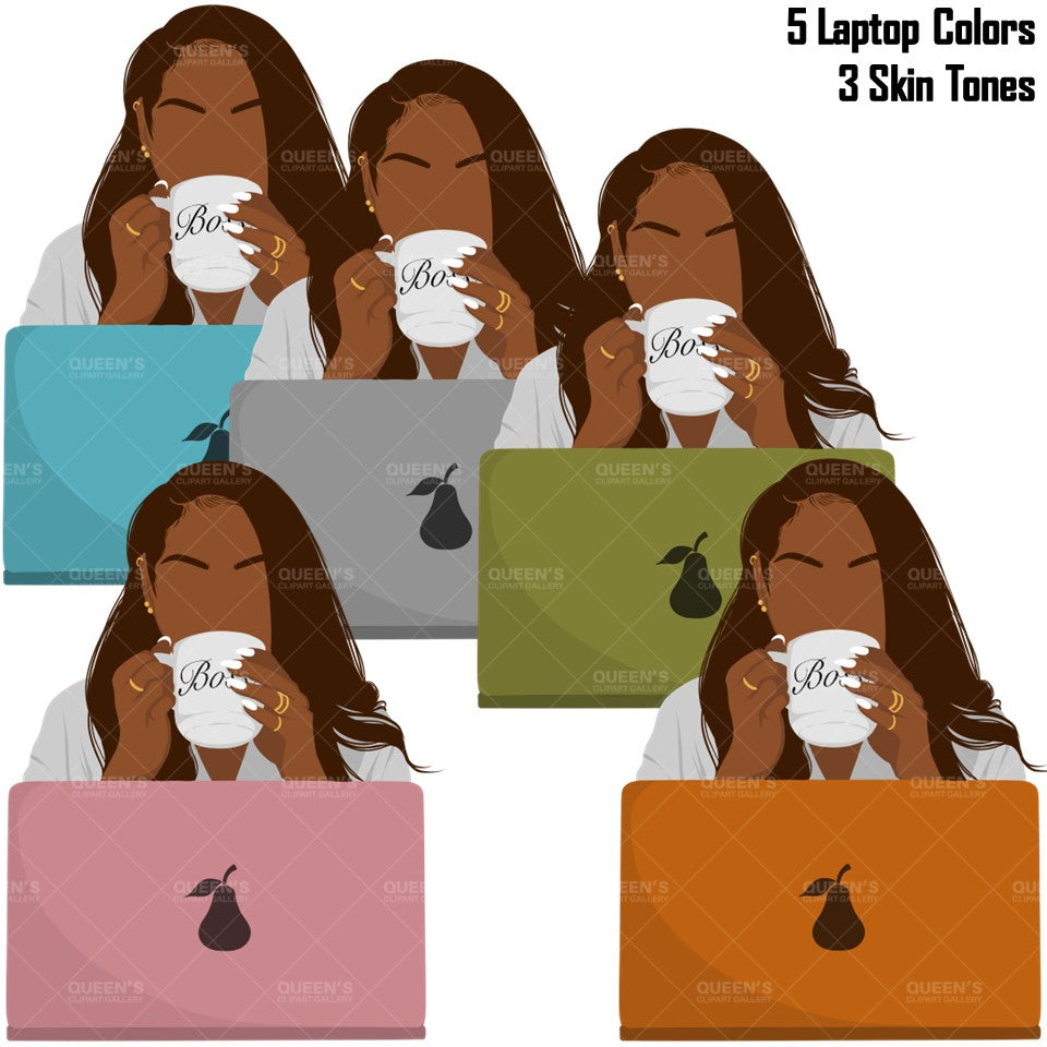 Flat clipart, Woman with Laptop, Afro girl clipart, Black woman clipart, Black girl magic, Fashion girl clipart, Girl boss clipart, Boss Lady