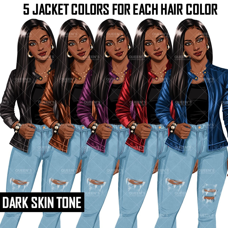Curvy Denim Girl, Jeans Girl Clipart, Curvy girl, Woman clipart, Fashion girl clipart, Girl boss clipart, Fashion woman, Leather Jacket
