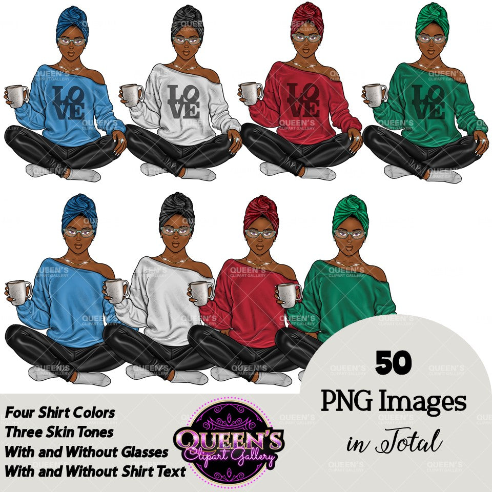 Yoga Clipart, Yoga Girl Clipаrt, Black Girl in Lotus Pose, Meditation Clipart, Coffee Clipart, Mindfulness Clipart, Afro Girl Clipart, Woman
