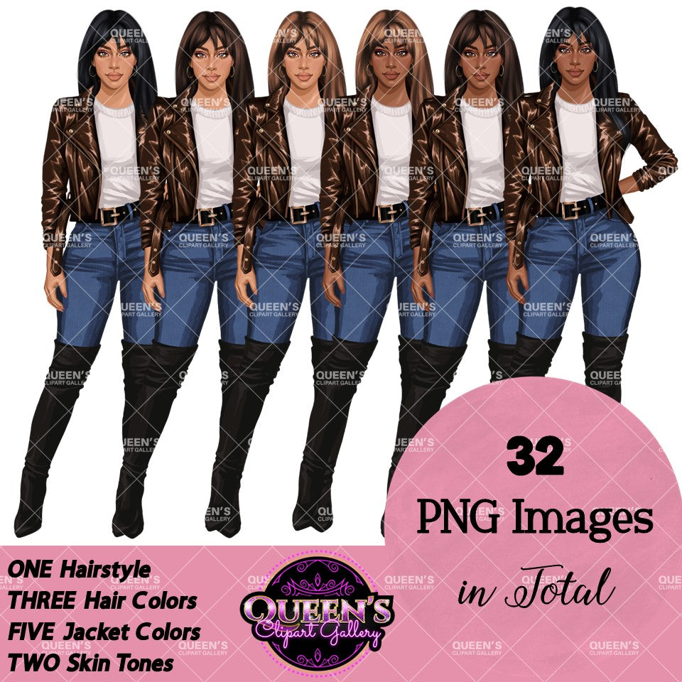 Denim Jeans Girl, Jeans Girl Clipart, Fashion Girl Clipart, Fashion Clipart, Woman in Leather Jacket, Curvy Girl Clipart, Denim Girl Clipart