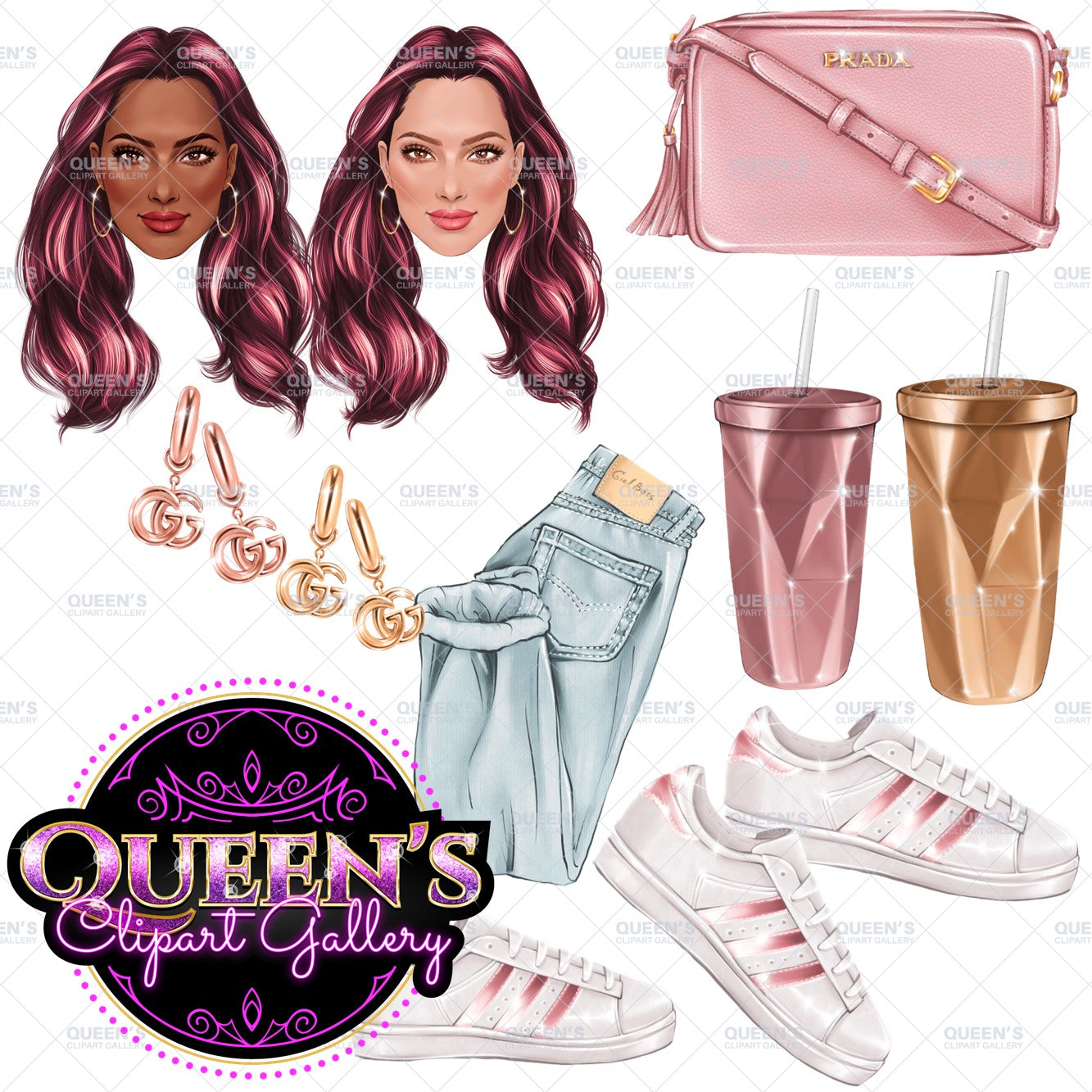 Fashion accessories clipart, Fashion Illustration, Fashion clipart, Fashion set clipart, Bag clipart, Sneakers clipart, Face clipart, Face
