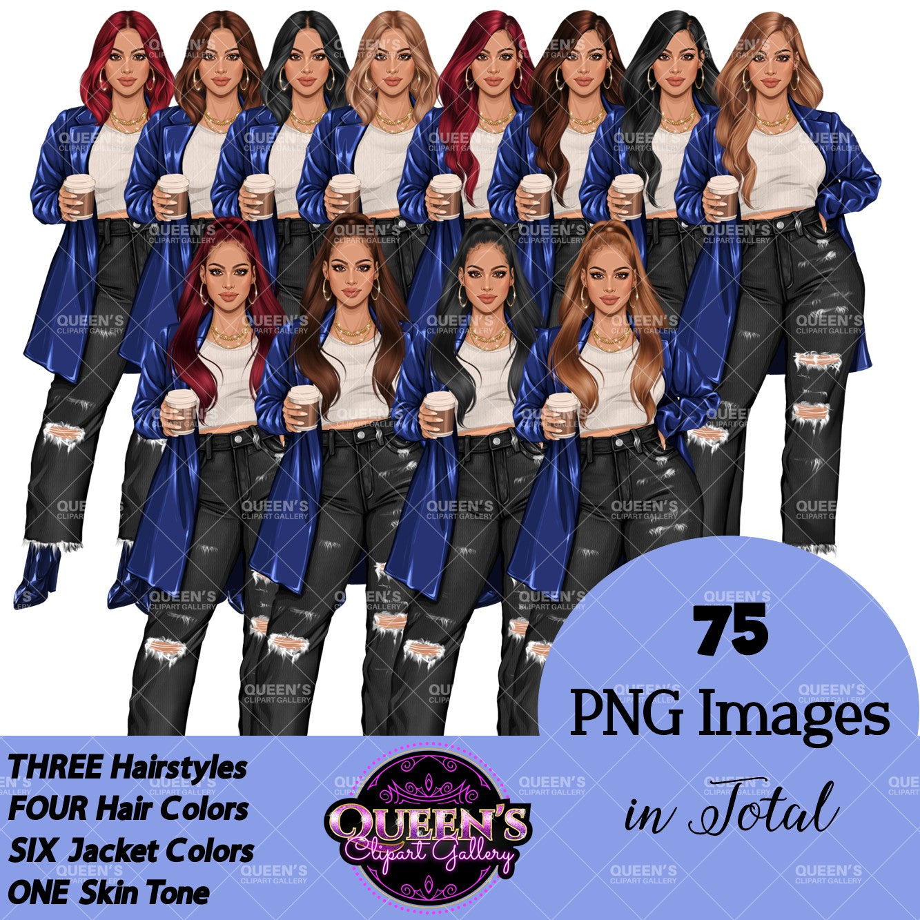 Coffee Girl Clipart, Denim Jeans Girl, Jeans Girl, Lady Boss Clipart, Fashion Girl Clipart, Jeans Girl Clipart, Woman in Leather Jacket