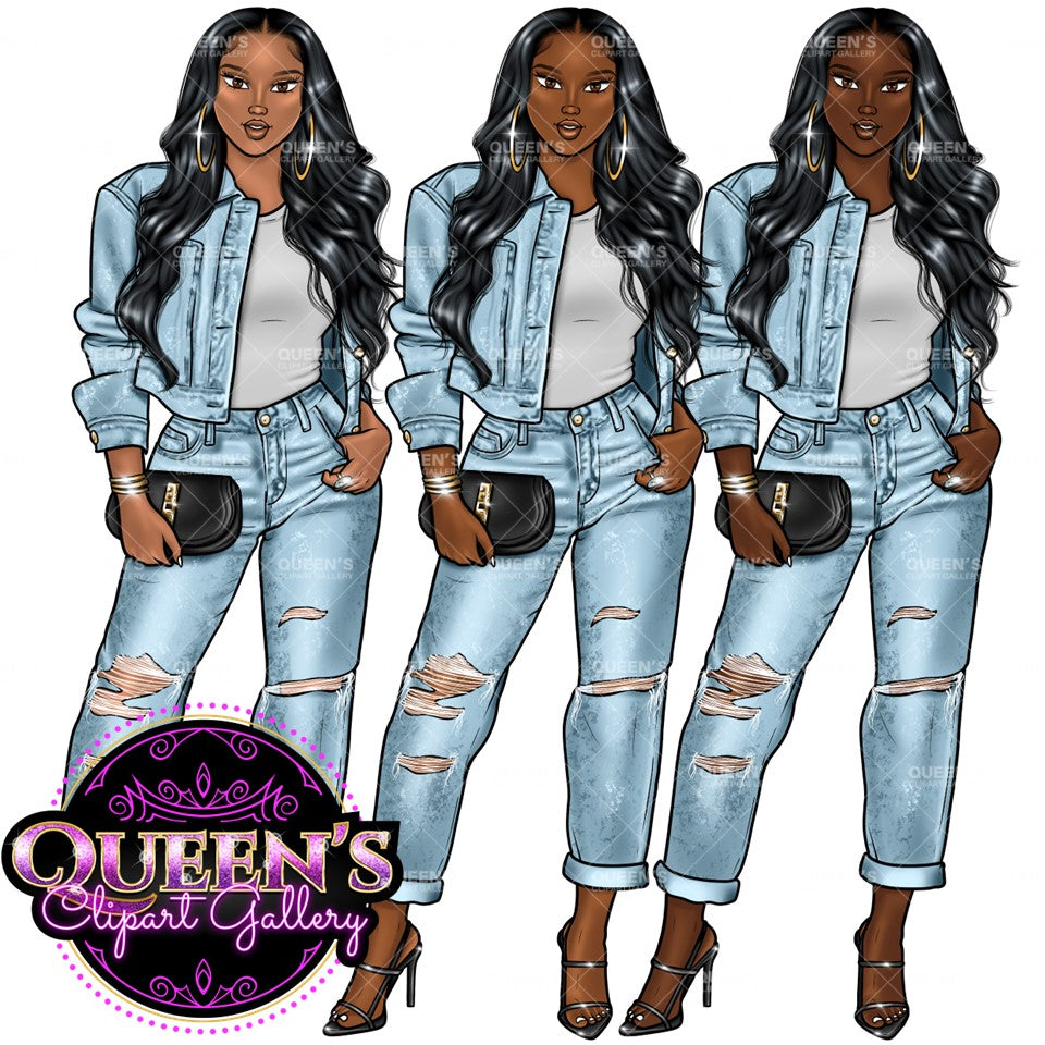 Denim girl clipart, Curvy girl clipart, Fashion girl clipart, Jeans Girl Clipart, African American clipart, Afro girls clipart, Girl Boss