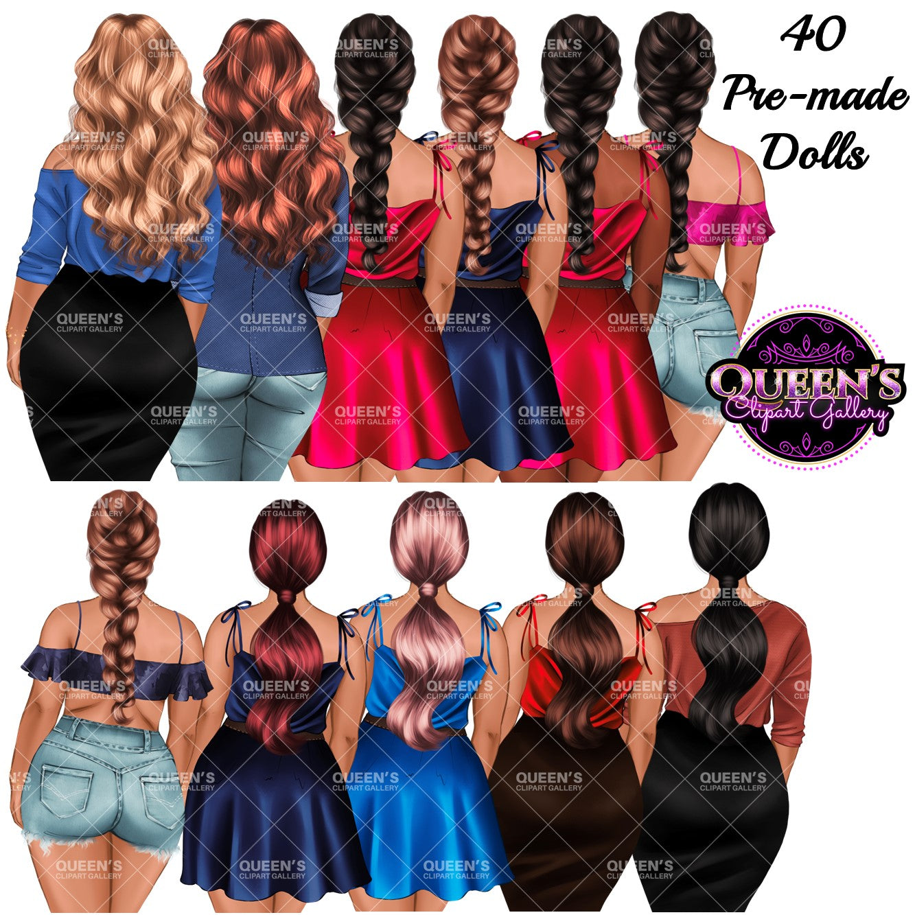 Backs turned clipart, Woman's back clipart, Customizable clipart, Afro girl clipart, Fashion girl clipart, Fashion illustration clipart