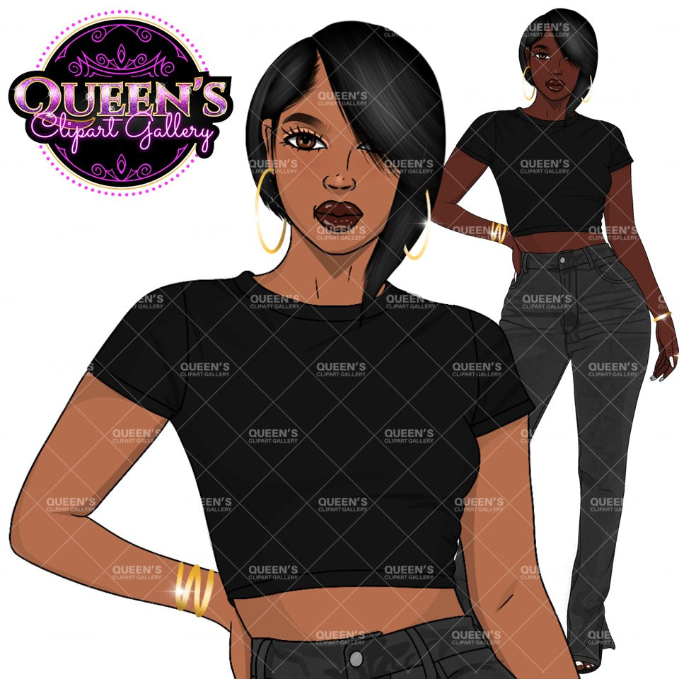 Curvy Denim Girl, Jeans Girl Clipart, Curvy girl clipart, Afro Woman clipart, Black girl magic, Fashion girl clipart, African American woman
