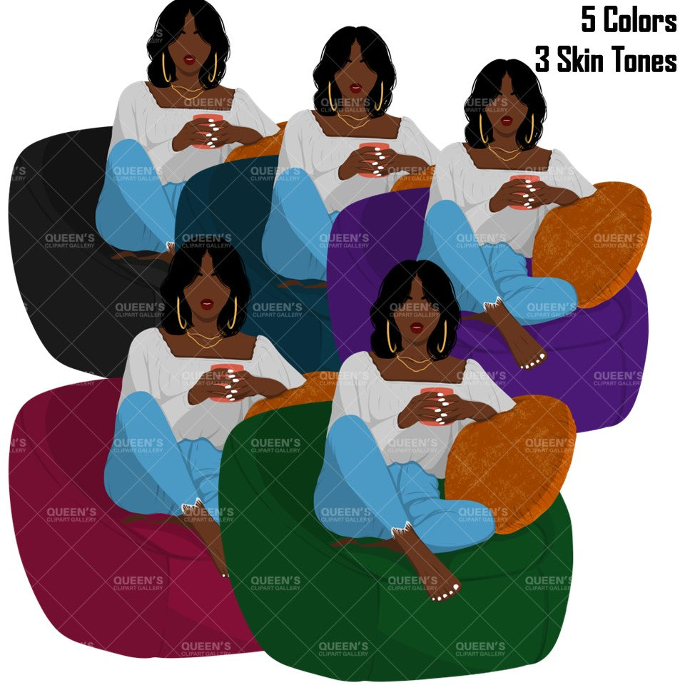 Afro woman sitting on sofa, Afro girl clipart, Black woman, Black girl magic, Fashion girl clipart, Relax at home, Coffee girl, Flat Clipart