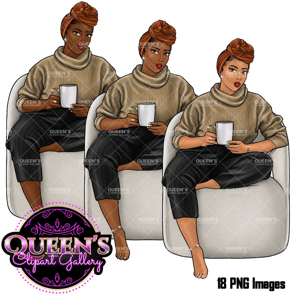 Coffee girl clipart, Curvy girl clipart, Fashion girl clipart, Cozy Clipart, Relax at home, African American clipart, Afro girl clipart