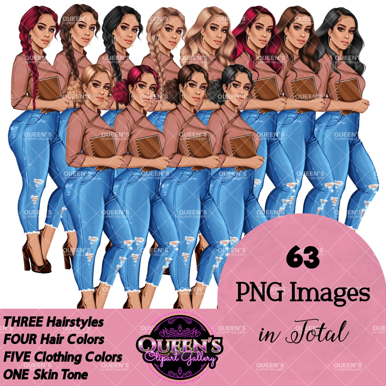Planner girl clipart, Jeans girl clipart, Afro girl clipart, Fashion girl clipart, Denim jeans girl, Black girl magic African American woman