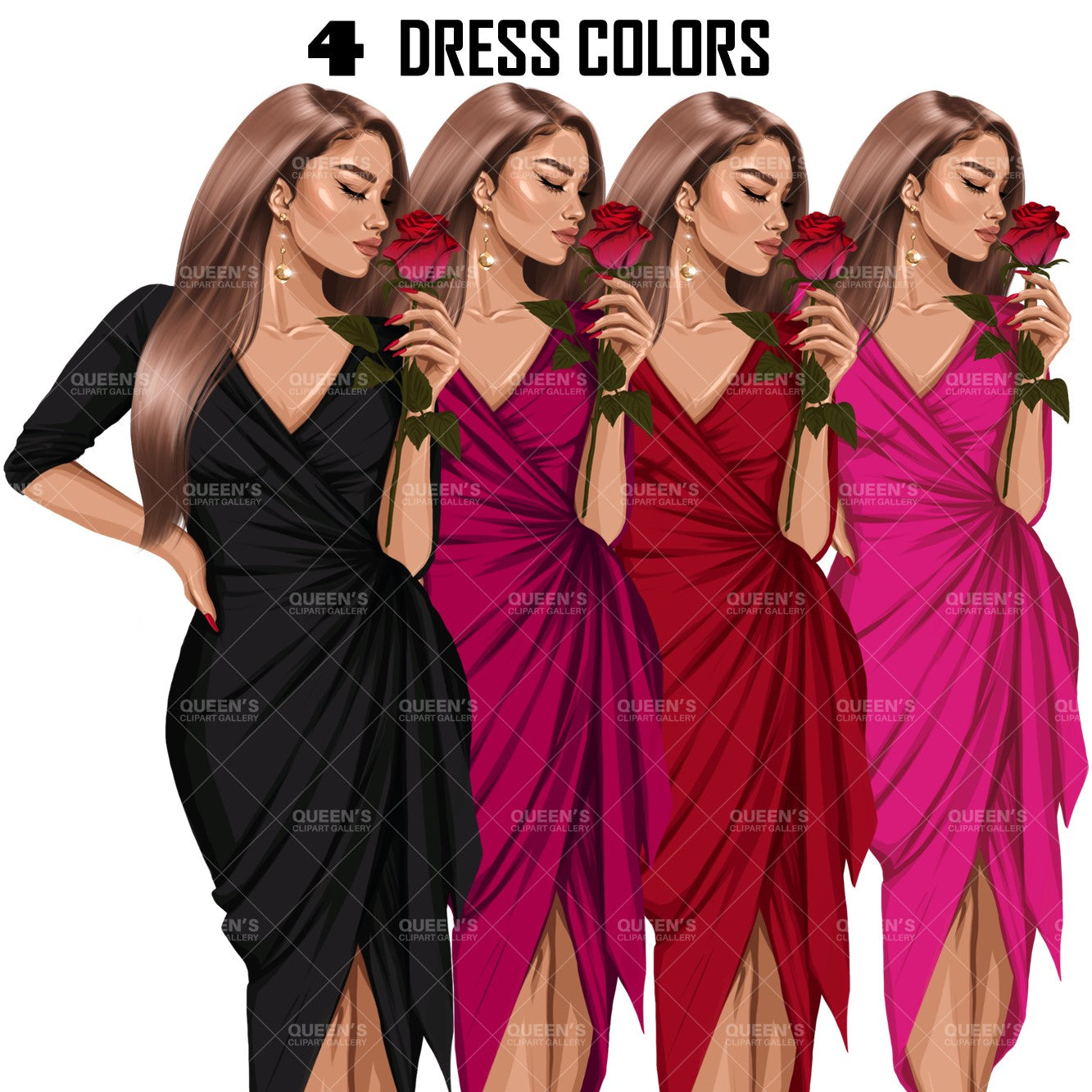 Valentine's Day rose, Woman in red dress, Valentine clipart, Fashion Illustration, Fashion girl png, Red rose, Love, Girl boss planner