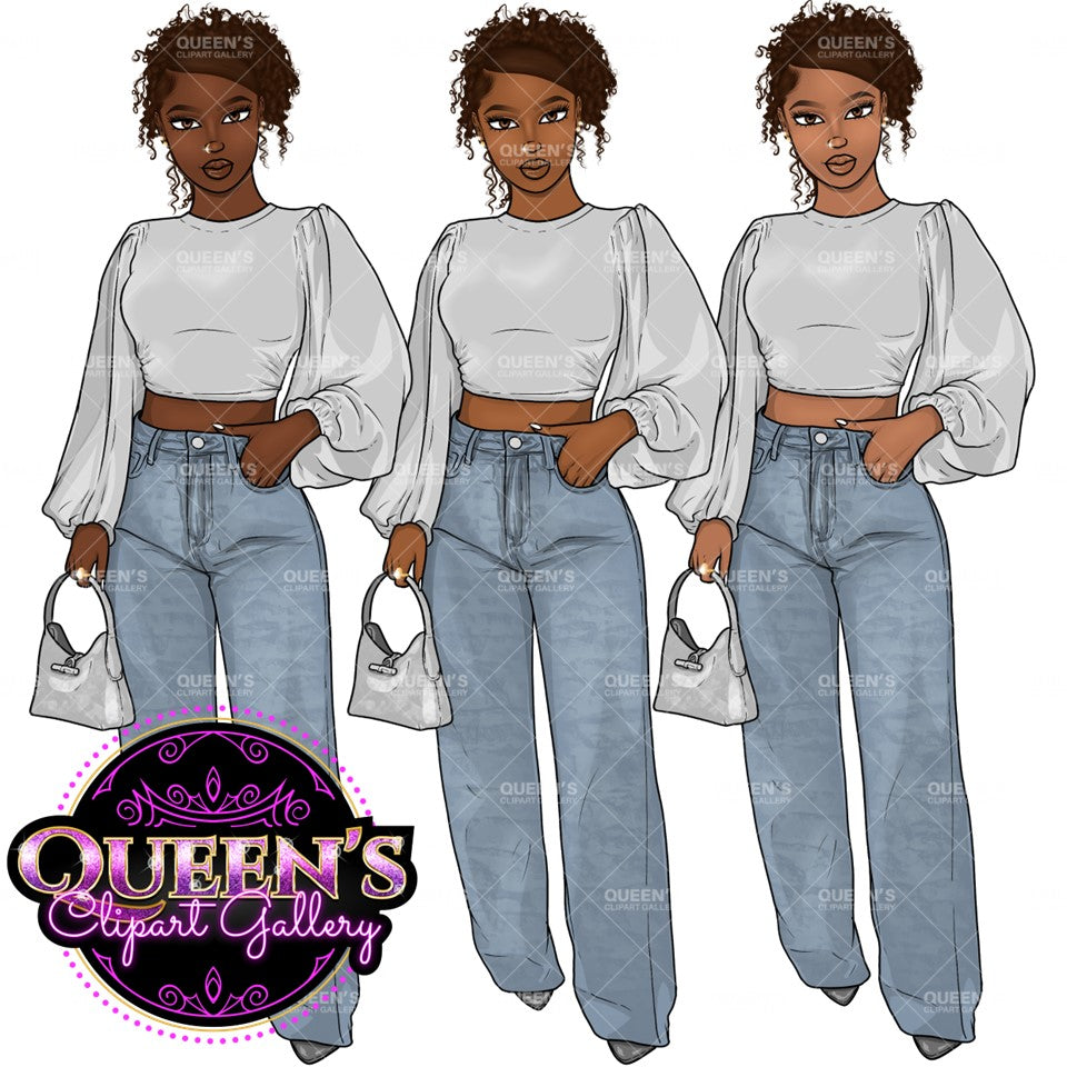 Curvy Denim Girl, Jeans Girl Clipart, Denim Jeans Clipart, Afro Woman clipart, Black girl magic Fashion girl clipart, African American woman