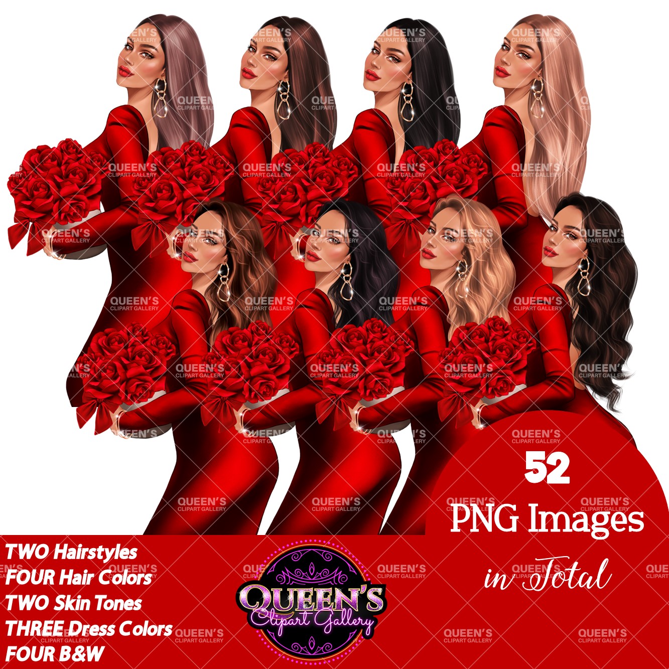 Valentine's Day clipart, Red roses clipart, Woman in red dress, Love clipart, Fashion girl clipart, Fashion illustration, Valentine roses