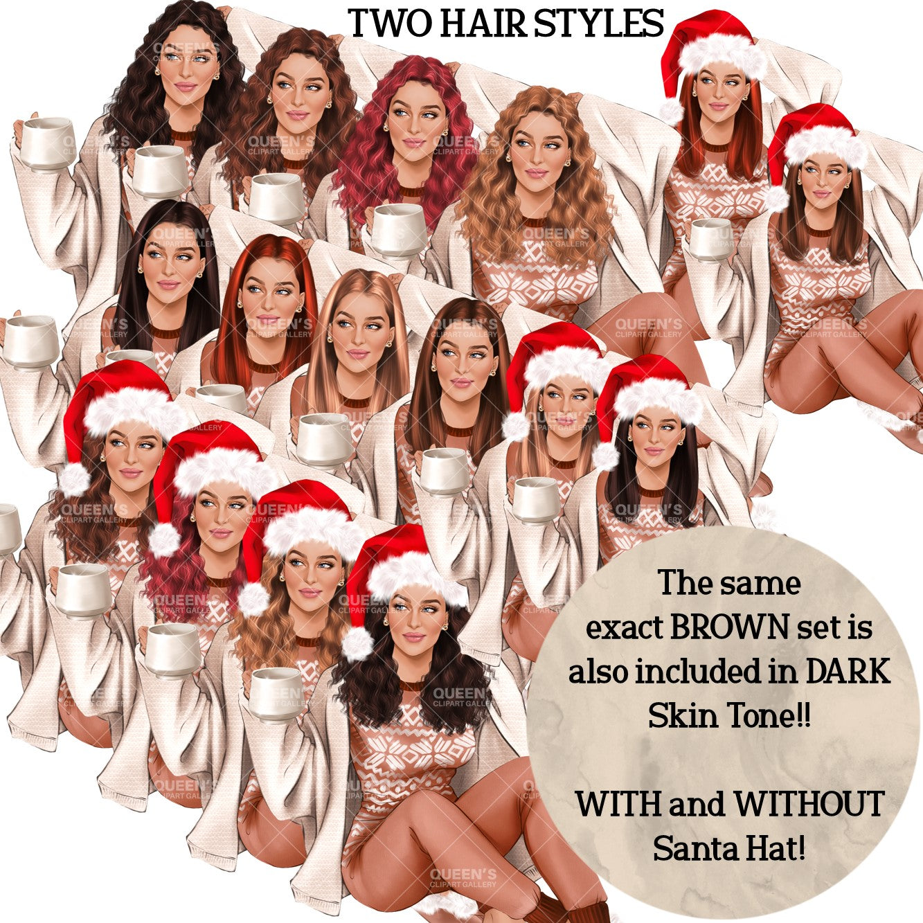 Santa Claus clipart, Santa costume clipart, New Year's clipart, Christmas girl clipart, Woman in Santa hat, Winter clipart, Winter illustration, Holiday clipart, Santa outfit, Holiday celebration, New Year clipart