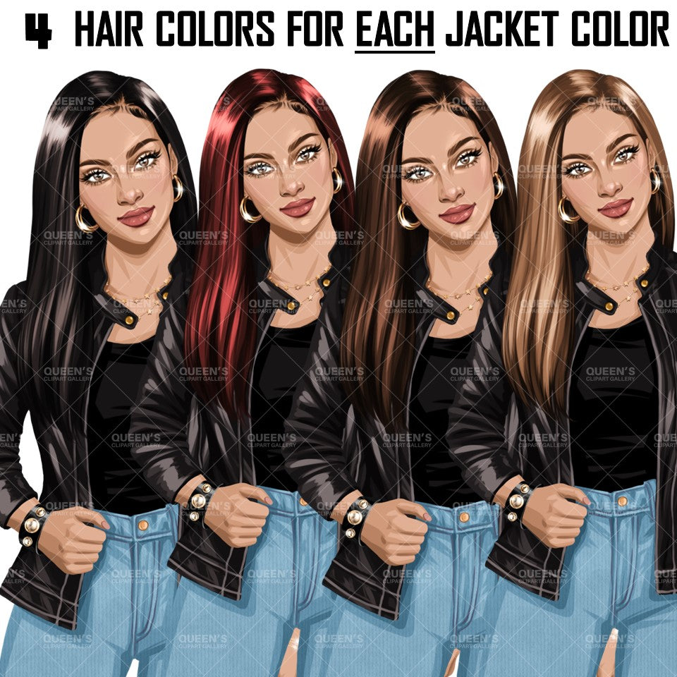 Curvy Denim Girl, Jeans Girl Clipart, Curvy girl, Woman clipart, Fashion girl clipart, Girl boss clipart, Fashion woman, Leather Jacket