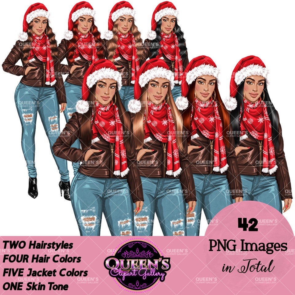 Christmas Girl Clipart, Woman in Santa Hat Clipart, Fashion Girl Clipart, Denim Jeans Girl Clipart, Winter Clipart, Girl Boss Clipart, Curvy