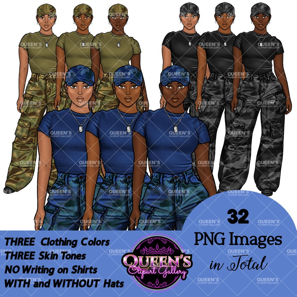 Army Clipart, Afro Military Woman Clipart, Fashion Girl Clipart, Veteran Day Clipart, Afro Female Troops, Memorial Day, Veteran, Soldier