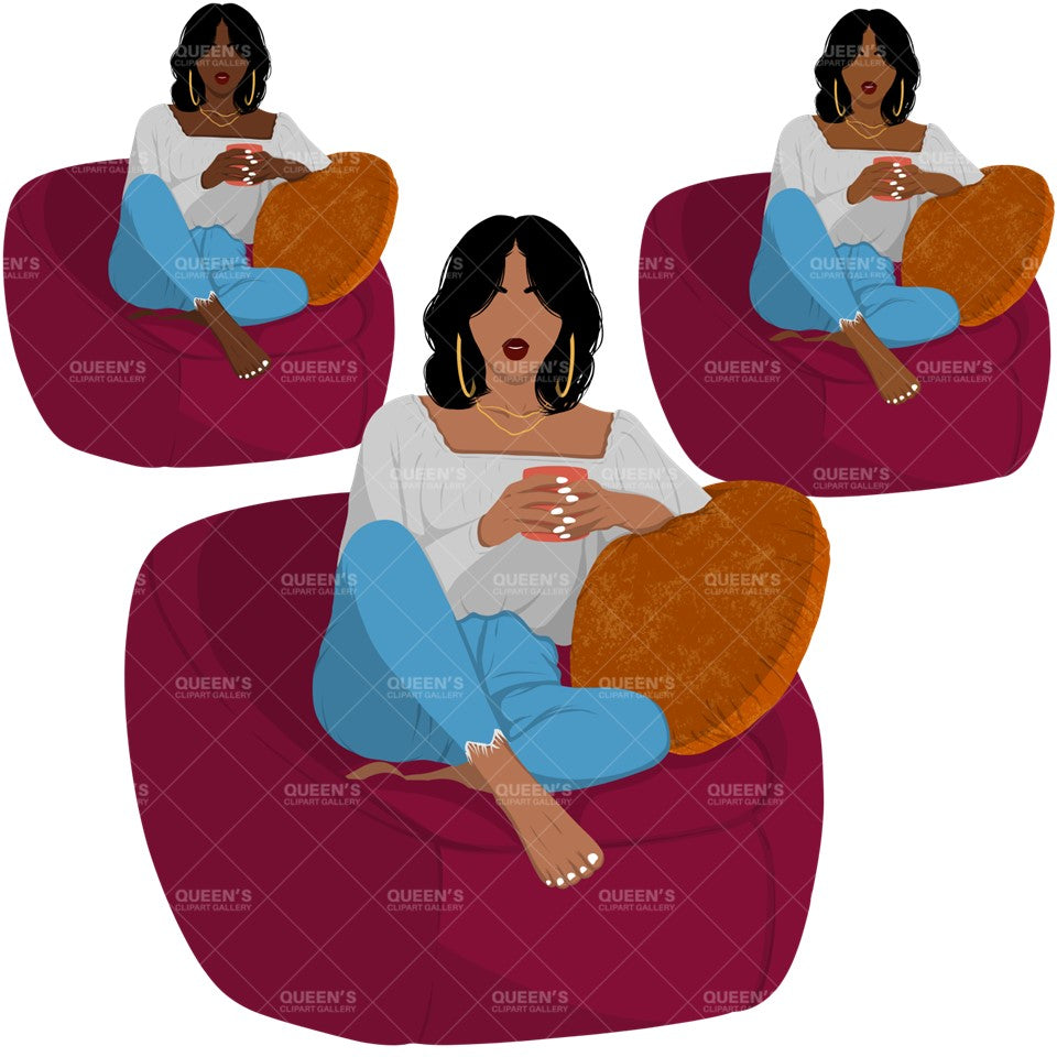 Afro woman sitting on sofa, Afro girl clipart, Black woman, Black girl magic, Fashion girl clipart, Relax at home, Coffee girl, Flat Clipart