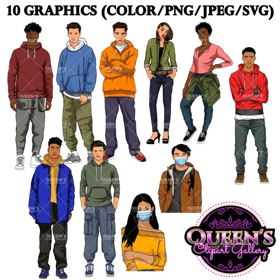 Teenagers clipart, High school students, Older teens, Male Teen Clipart, Female Teen Clipart, Students, Back to School, Teen clipart, Afro