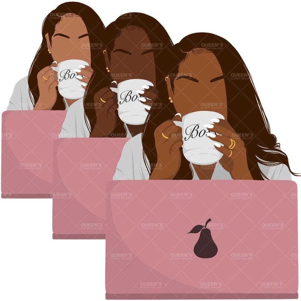 Flat clipart, Woman with Laptop, Afro girl clipart, Black woman clipart, Black girl magic, Fashion girl clipart, Girl boss clipart, Boss Lady