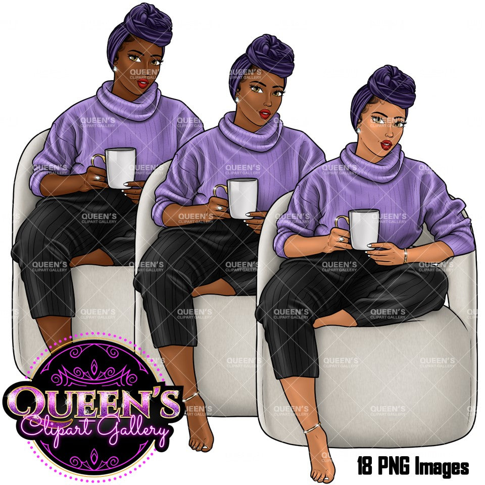 Coffee girl clipart, Curvy girl clipart, Fashion girl clipart, Cozy Clipart, Relax at home, African American clipart, Afro girl clipart