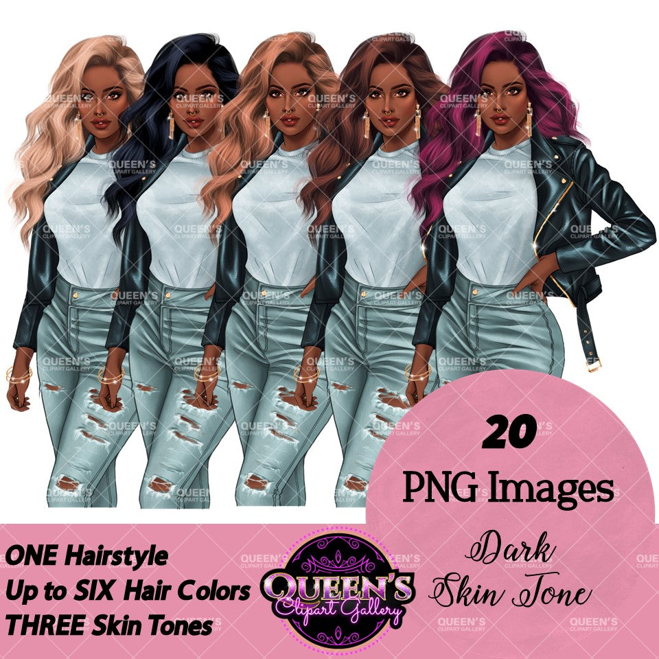 Curvy denim girl, Jeans girl clipart, Curvy girl, Fashion girl clipart, Girl boss clipart, Fashion woman, Woman in leather jacket, Curvy woman