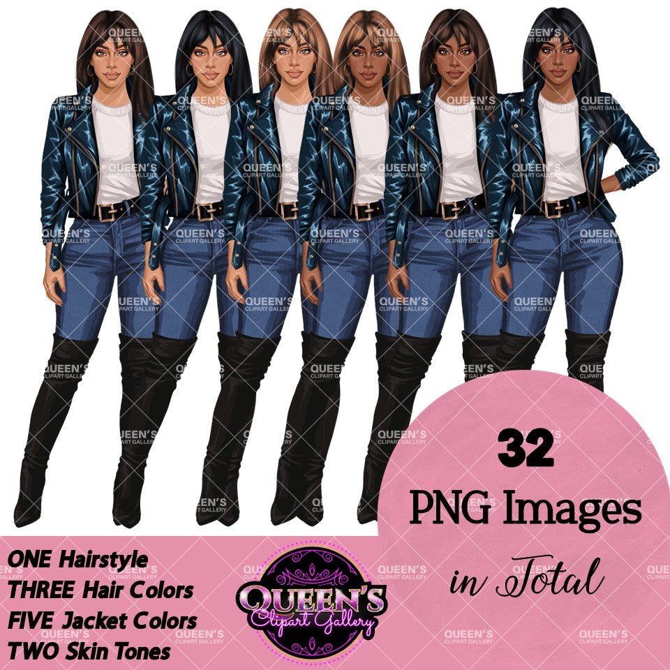 Denim Jeans Girl, Jeans Girl Clipart, Fashion Girl Clipart, Fashion Clipart, Woman in Leather Jacket, Curvy Girl Clipart, Denim Girl Clipart