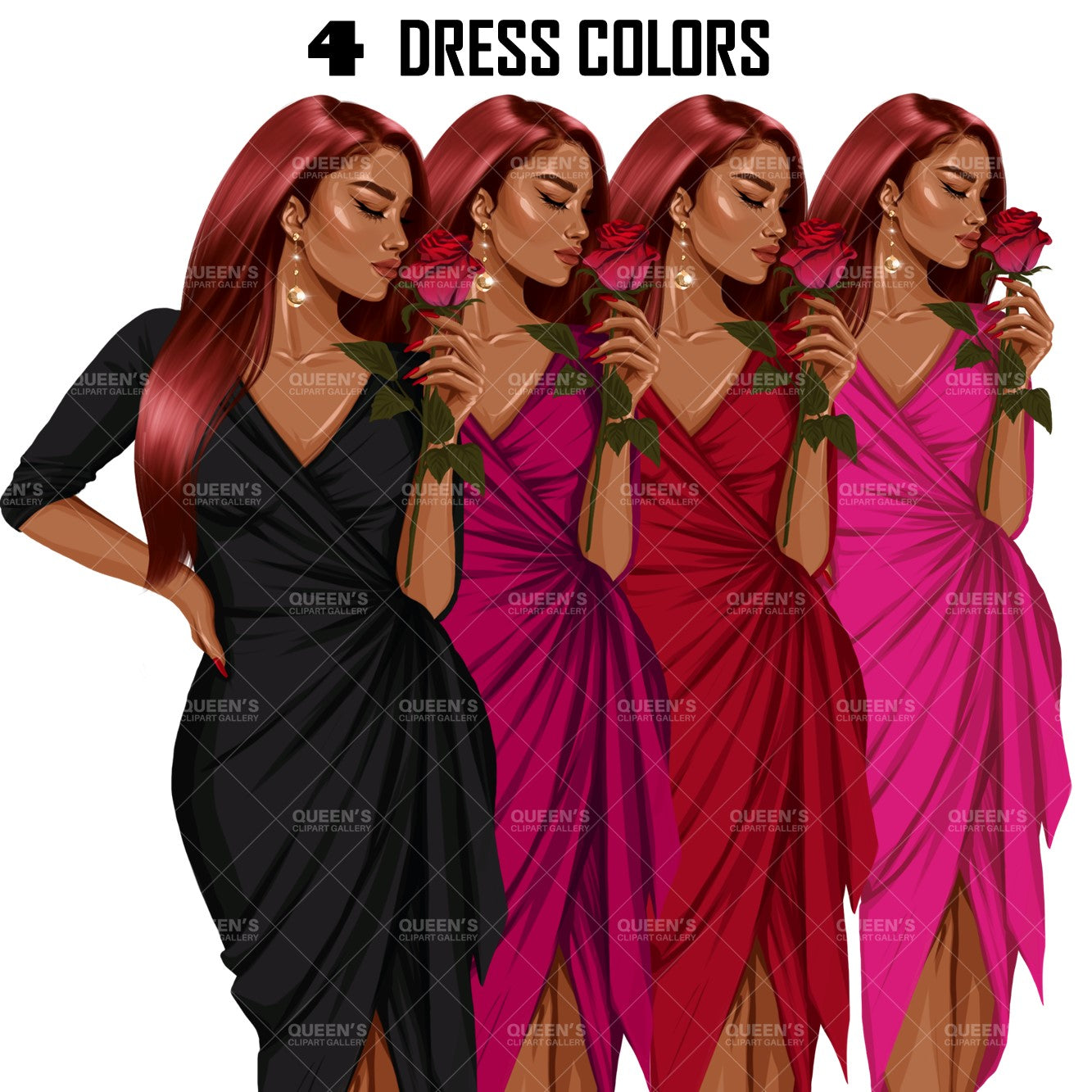 Valentine's Day rose, Woman in red dress, Valentine clipart, Fashion Illustration, Fashion girl png, Red rose, Love, Girl boss planner