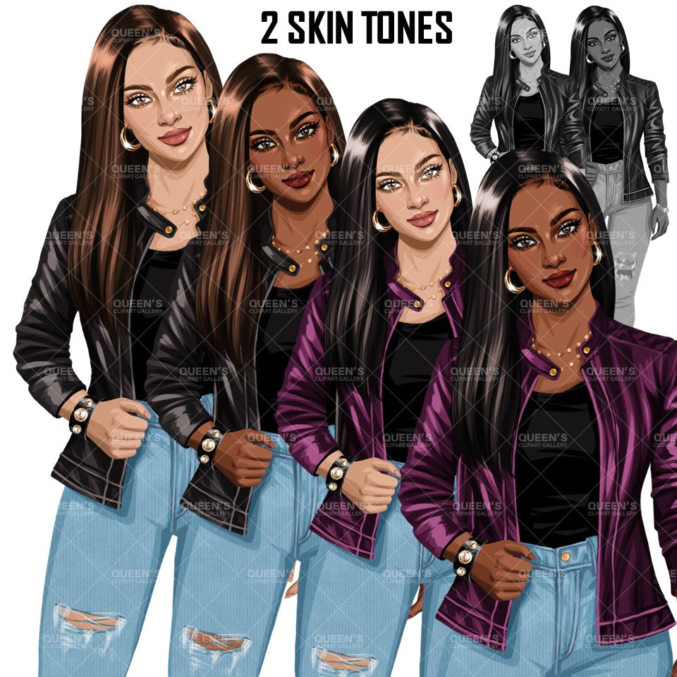 Curvy Denim Girl, Jeans Girl Clipart, Curvy girl, Woman clipart, Fashion girl clipart, Girl boss clipart, Fashion woman, Leather Jacket