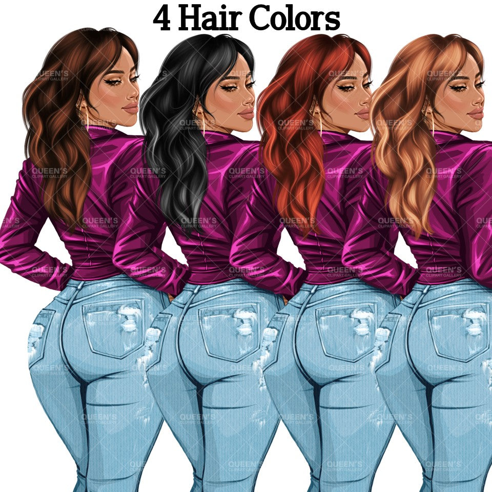 Curvy Denim Girl, Jeans Girl Clipart, Curvy girl, Woman clipart, Fashion girl clipart, Girl boss clipart, Fashion woman, Leather Jacket
