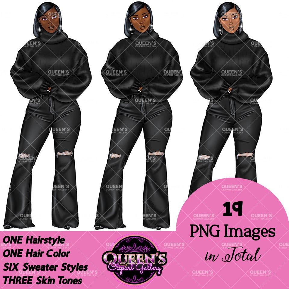 Denim girl clipart, Black girl magic, Fashion girl clipart, African American woman, Afro girl clipart, Girl boss, Winter Clipart, Boss lady